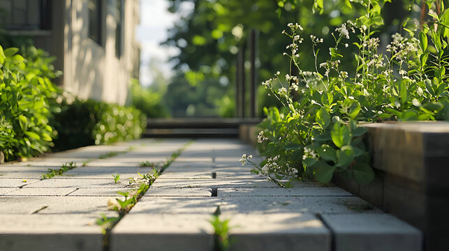 Sunlit Pathway with Lush Greenery and Wooden Steps
