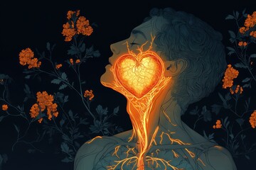 Anatomical Illustration of Human Heart in Art Nouveau Style with Glowing Heart and Floral Elements
