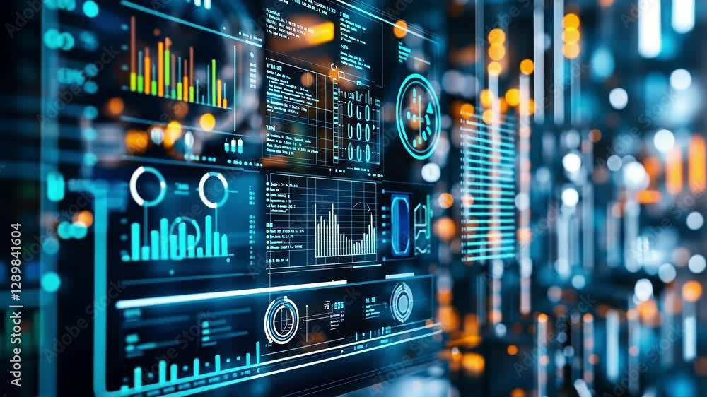Poster futuristic digital screens displaying complex data visualizations and analytics in a high tech envir