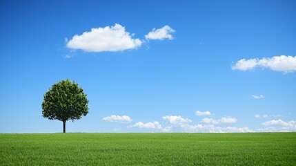 Obraz premium Single Tree in Green Field Under Blue Sky with Clouds