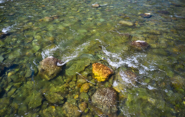 Water and stones of Altai river Bashkaus. Camera looks down.