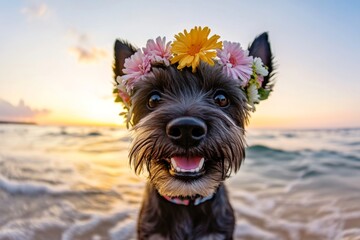 Warm season happiness. Golden hour in sunset. Cute baby dog scottish terrier wearing untamed flower circlet on its head. Petâ€™s peaceful summer retreat. Dog enjoying summer holidays.