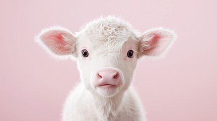 Fototapeta premium Cute white calf portrait, pink background, farm animal, adorable