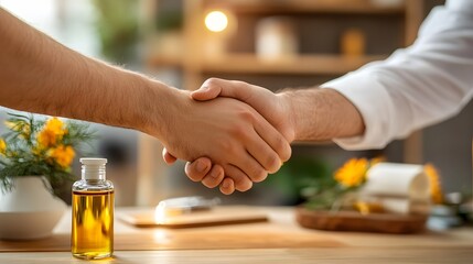 Two people shaking hands over a table with oil and flowers