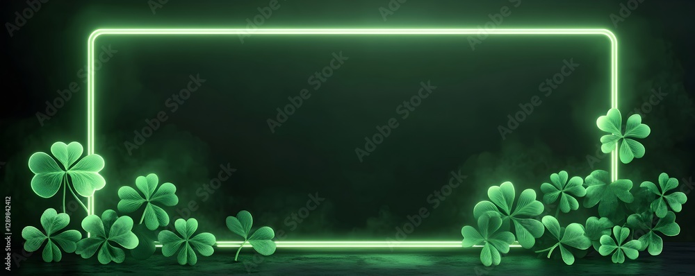 Poster st. patrick's day neon frame with green shamrocks on dark background. irish holiday celebration conc