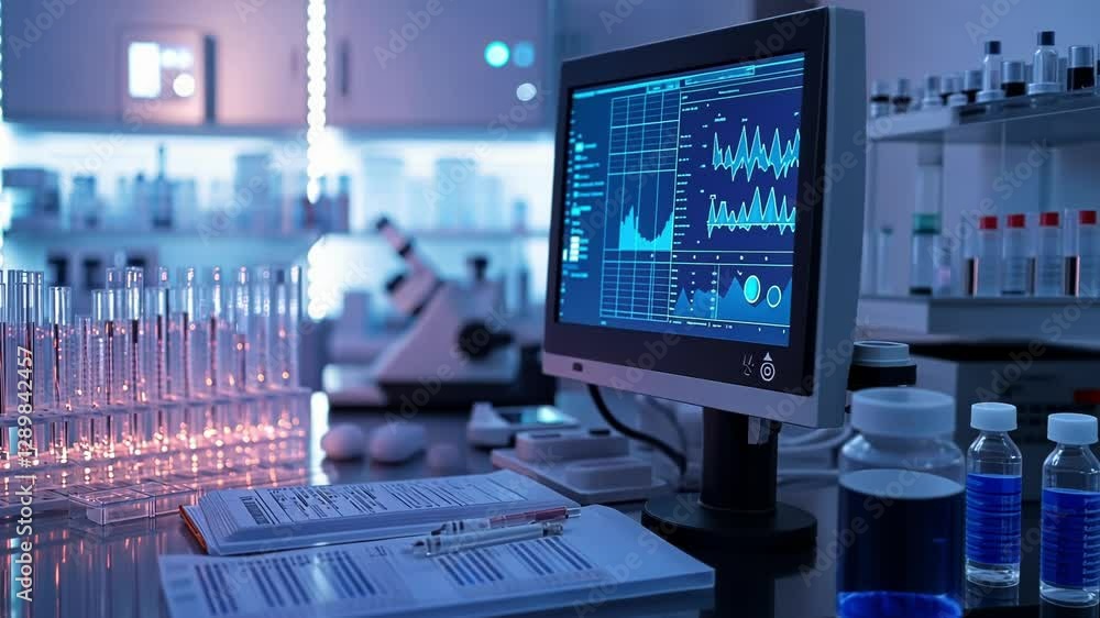 Poster high tech laboratory environment featuring digital data analysis on a computer screen with test tube