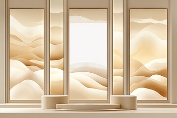Beige minimalist product display with abstract landscape window