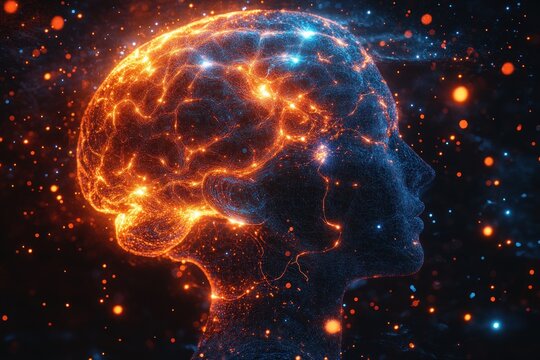 3D illustration of human brain stem, medulla, pons, midbrain anatomy in cyberpunk style with neon blue and orange lights