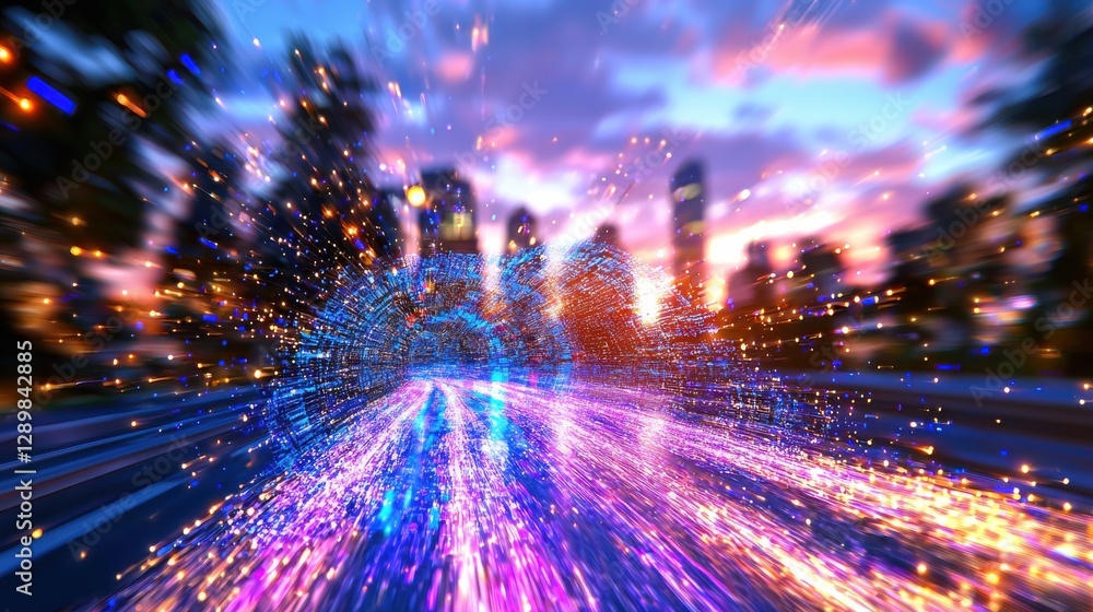 Poster a mesmerizing abstract cityscape with a blurred motion effect featuring a vibrant colorful display o