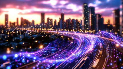 Obraz premium Futuristic vibrant cityscape at night with towering skyscrapers glowing lights and a surreal ethereal atmosphere