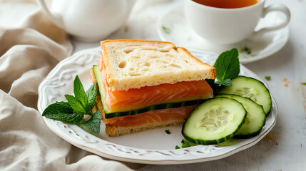 Delicious sandwich with smoked salmon, fresh cucumber, and mint served on a white plate with a cup of tea.