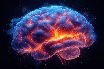 Obraz premium Human Brain Diagram X-Ray Style Glowing Blue with Orange Pink Highlights Neural Connections Anatomy