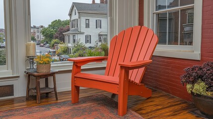 Relaxing Red Adirondack Chair on Porch Overlooking a Quaint Neighborhood