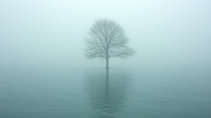 Solitary Tree in Misty Lake: A Serene Landscape