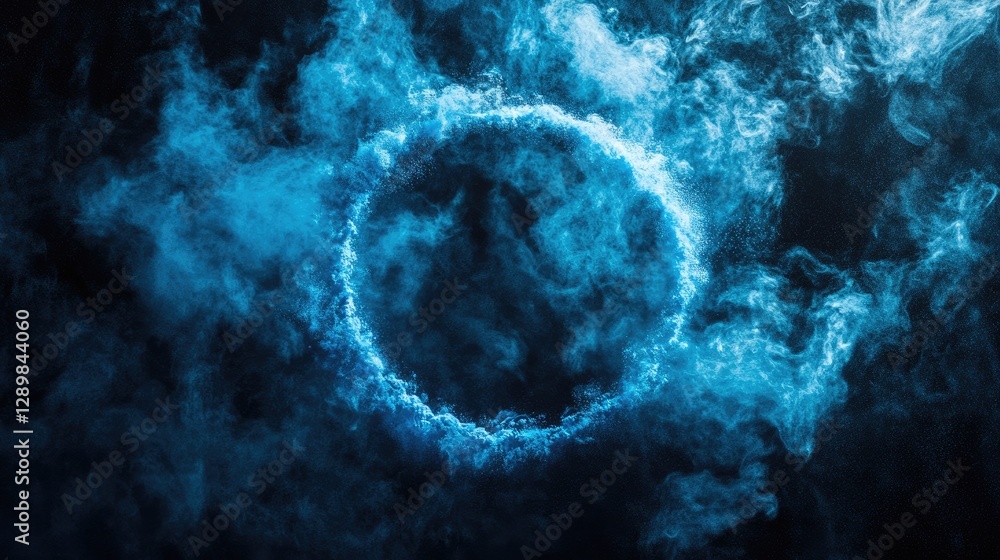 Poster a minimalist abstract composition of vibrant blue powder forming a ring against a dark backdrop, cre