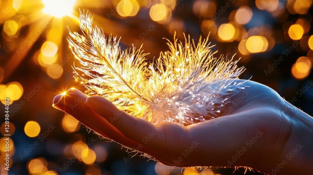 Poster delicate feather gently floating in a soft glowing celestial light creating a transcendent ethereal 