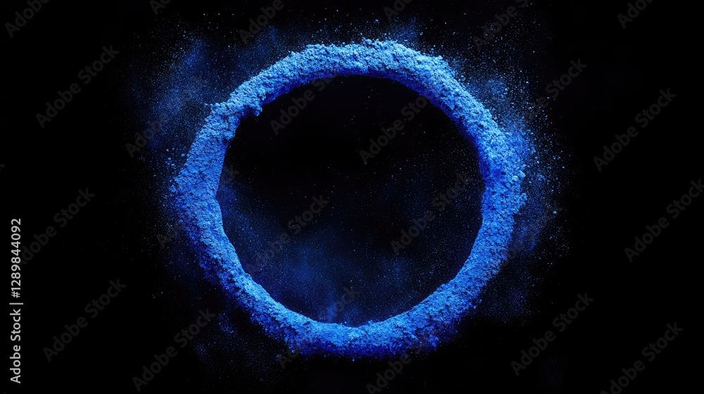 Poster a minimalist abstract composition of vibrant blue powder forming a ring against a dark backdrop, cre