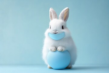Obraz premium Fluffy White Bunny in Blue Mask on Pastel Ball
