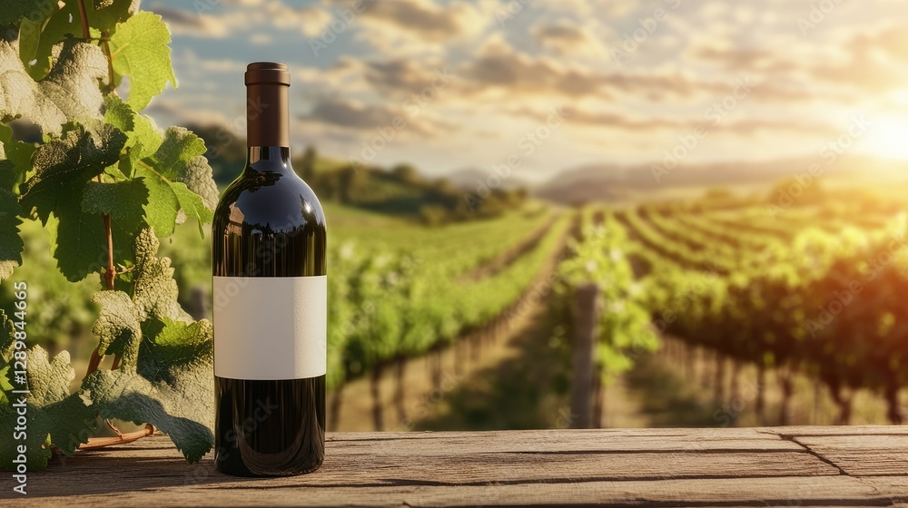 Poster a mockup of a wine bottle displayed in front of a picturesque vineyard under the warm daylight, high