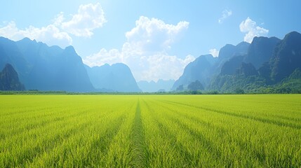Fototapeta premium Vibrant Green Rice Paddy Field with Blue Mountains Under a Sunny Sky