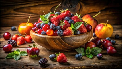 Rustic bowl overflows with sun-drenched berries and stone fruit, a vintage still life.