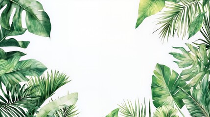 Watercolor Tropical Leaves Frame White Background