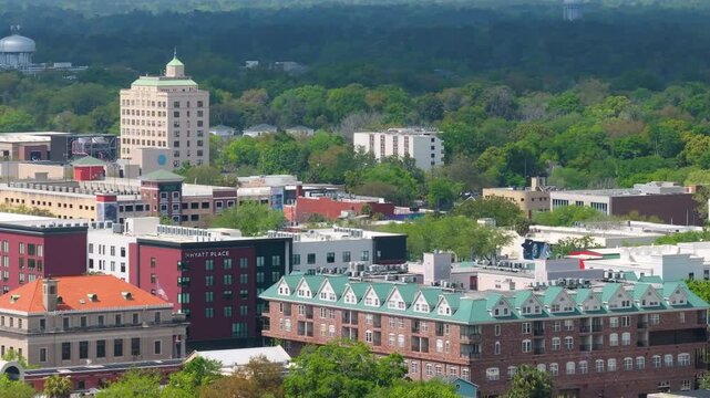 Historical American city architecture. Gainesville, old city in Florida state. Streets and buildings from above.
