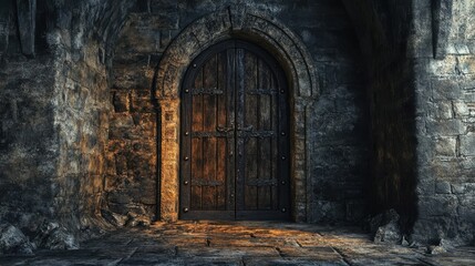 Fototapeta premium A weathered wooden door is set within stone arched walls