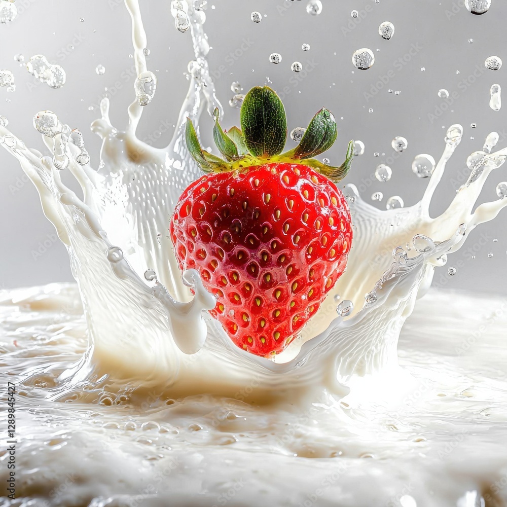 Aufkleber close up shot of a fresh ripe strawberry with water droplets splashing into a creamy or milk based l