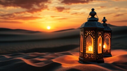 Warm Lanterns Glowing on Soft Sand During Sunset in Desert Landscape