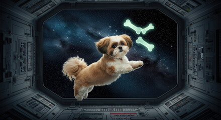 Cute Shih Tzu Dog in Zero Gravity Space Exploration Inside Spacecraft