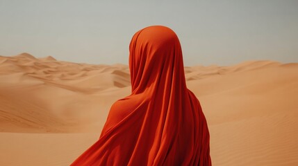 Woman in Bright Red Cloak Stands in Sunlit Desert Landscape