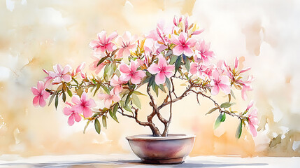 serene watercolor approach to delicate bonsai tree with pink blooms evokes tranquility and peace