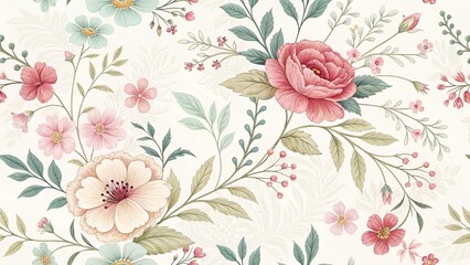 Obraz premium Botanical repeat pattern with stylized flowers and leaves. A classic floral design in soft teal, coral, and gold tones on a light background