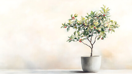 serene potted plant with vibrant green leaves and red berries, radiating calm and adding natural beauty to bright, airy space