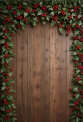 Wooden wall covered with festive holly pattern, garlands, and Christmas ornaments,  Winter landscape,  Holiday decor