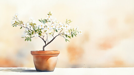 soft watercolor scene captures delicate beauty of flowering tree in pot, radiating serene calmness and natural elegance