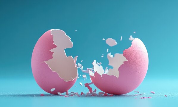 Cracked Pink Easter Egg with Shards Floating in Space