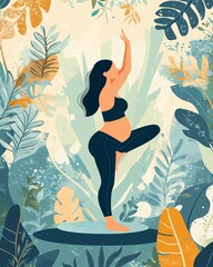 Serene Вark-haired Pregnant Woman Practicing Prenatal Yoga in Blank tank top and Yoga pants Among Teal and Gold Nature Elements