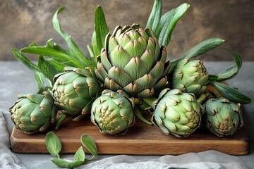 Fototapeta premium Fresh Artichokes on Rustic Wooden Board in Natural Light