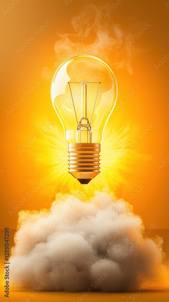 Poster glowing lightbulb floating among wispy clouds symbolizing the spark of an illuminating idea creative