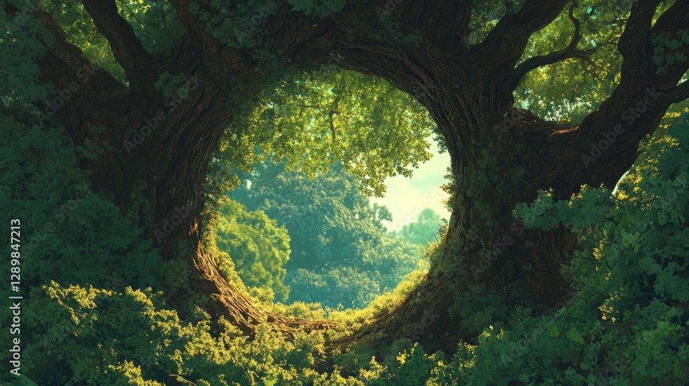 Poster a mysterious, circular gap in the dense foliage of an ancient tree draws the eye, offering a glimpse