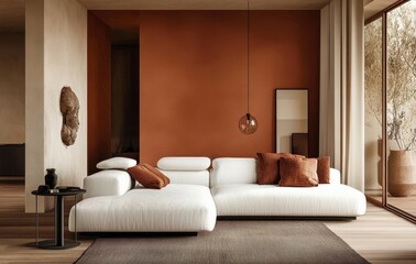 Modern Living Room with White Sofa and Earthy Tones Decor