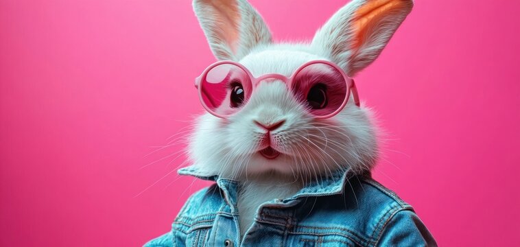 Cute rabbit in denim jacket and pink sunglasses blowing bubble gum against pink background