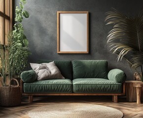 Cozy Living Room with Dark Grey Wall and Green Velvet Sofa in Scandinavian Style