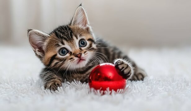 Cute tabby kitten playing with red ornament on white carpet