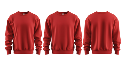 Set of red long-sleeve sweatshirts and sweaters, front and back views, casual winter apparel collection, isolated on transparent background 