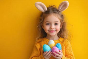 African girl in orange dress with bunny ears holding Easter eggs on vibrant yellow background
