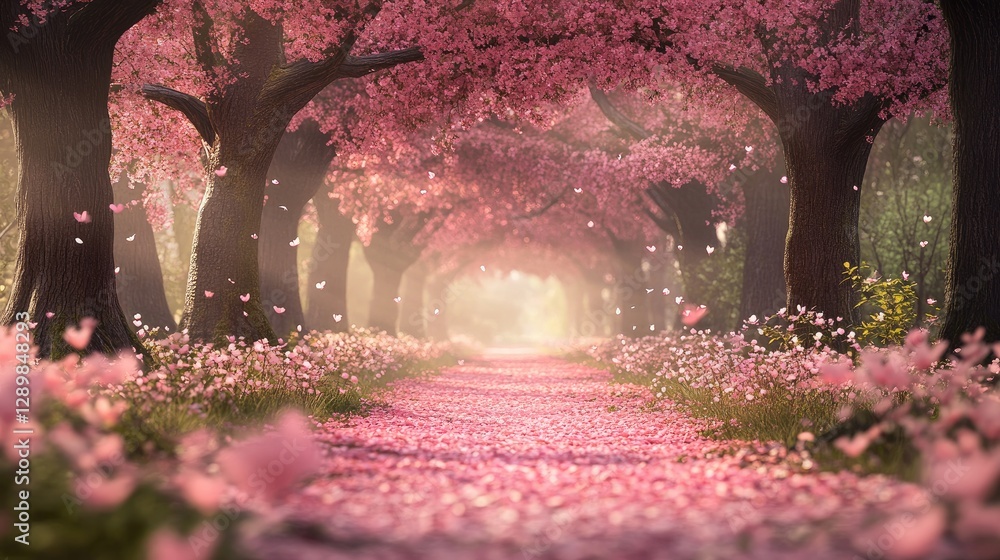 Poster a peaceful forest scene where cherry blossoms fall from the trees, covering the path with delicate p