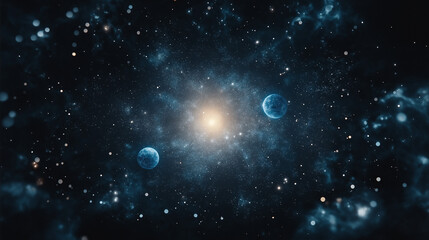 Celestial Dance: Two planets and a radiant sun. The universe is an endless dance of cosmic wonders, galaxies, stardust, and ethereal light.